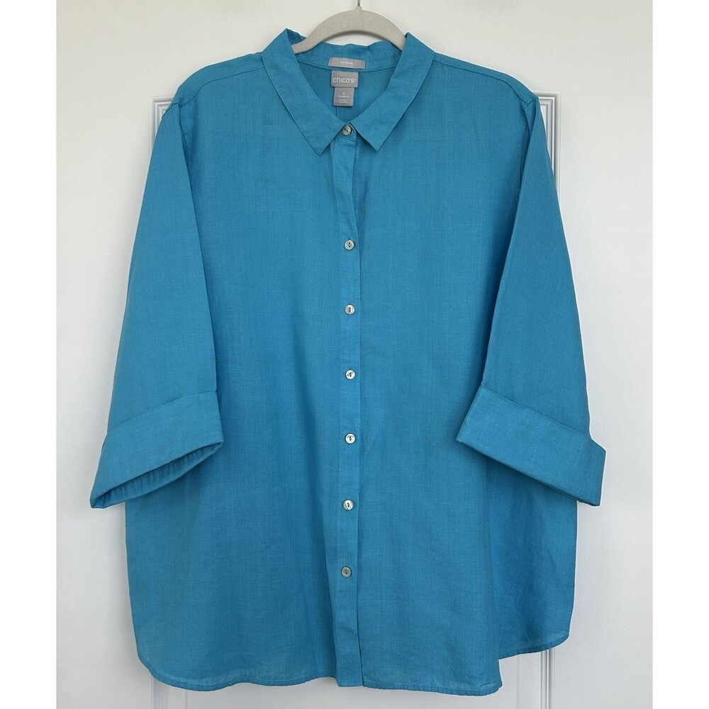 Chicos Non Iron Linen Button Up Shirt 3/4 Sleeve Blue 4 US Sz 20 Coastal Preppy